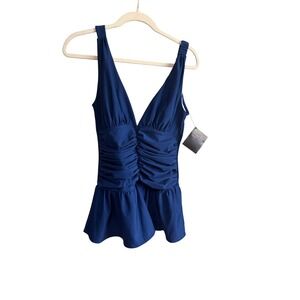 Shape fx Swimsuit  Top Ruched Peplum Blue NWT V-Neck Pleated Size 12